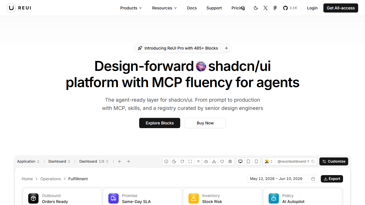 ReUI design-forward shadcn/ui component and block library with MCP support - screenshot