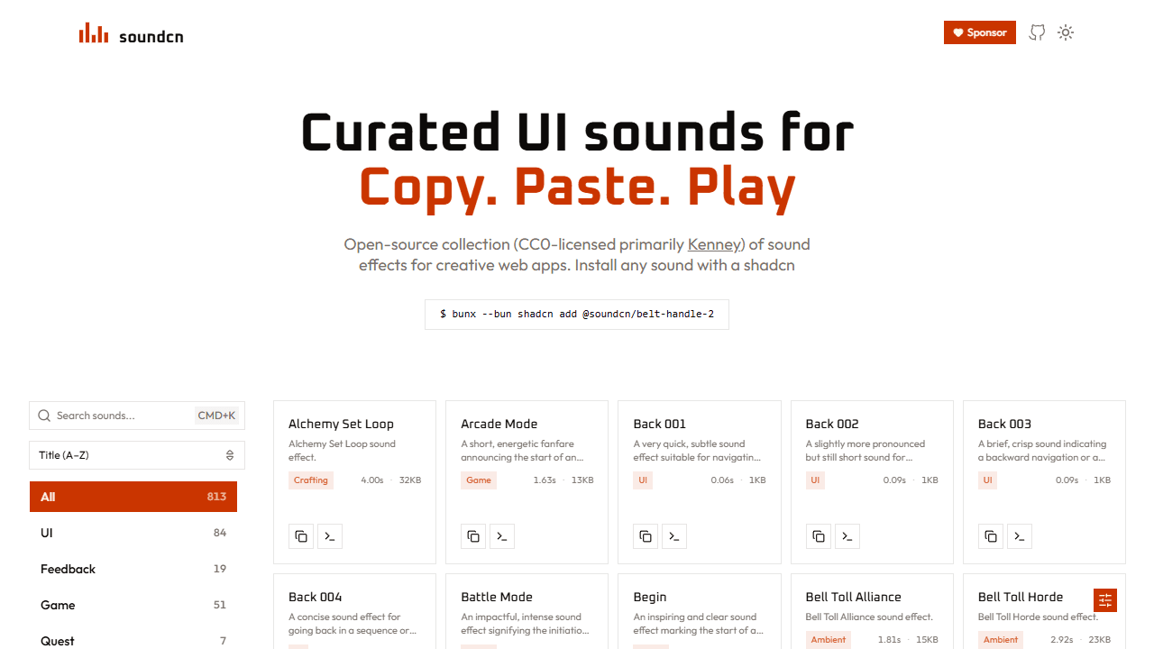 soundcn curated UI sound effects installable with the shadcn CLI - screenshot