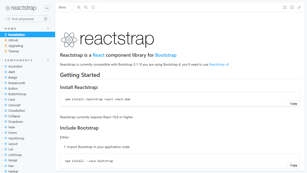 Reactstrap homepage screenshot
