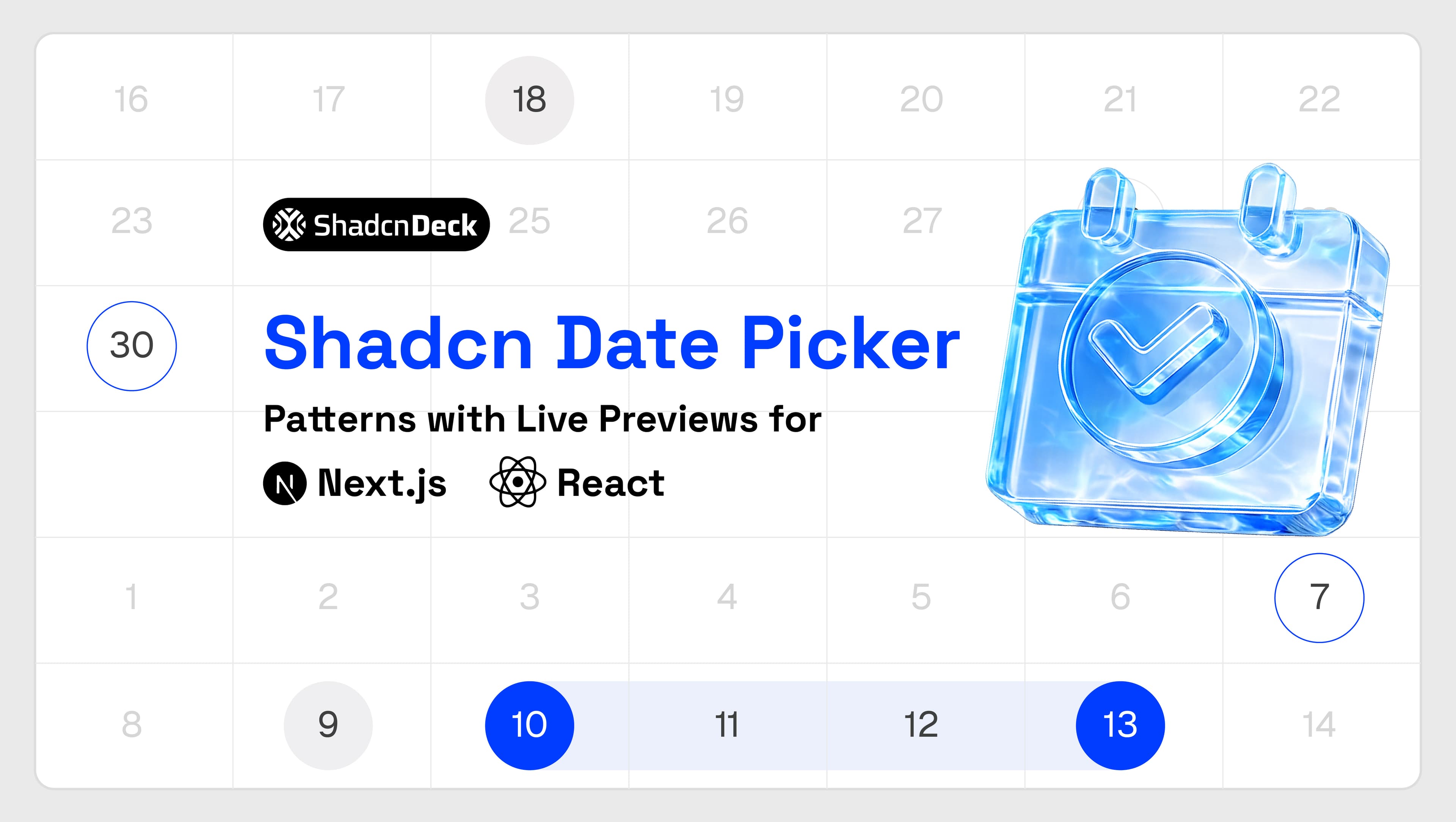 shadcn date picker, 10 patterns with live previews for React and Next.js