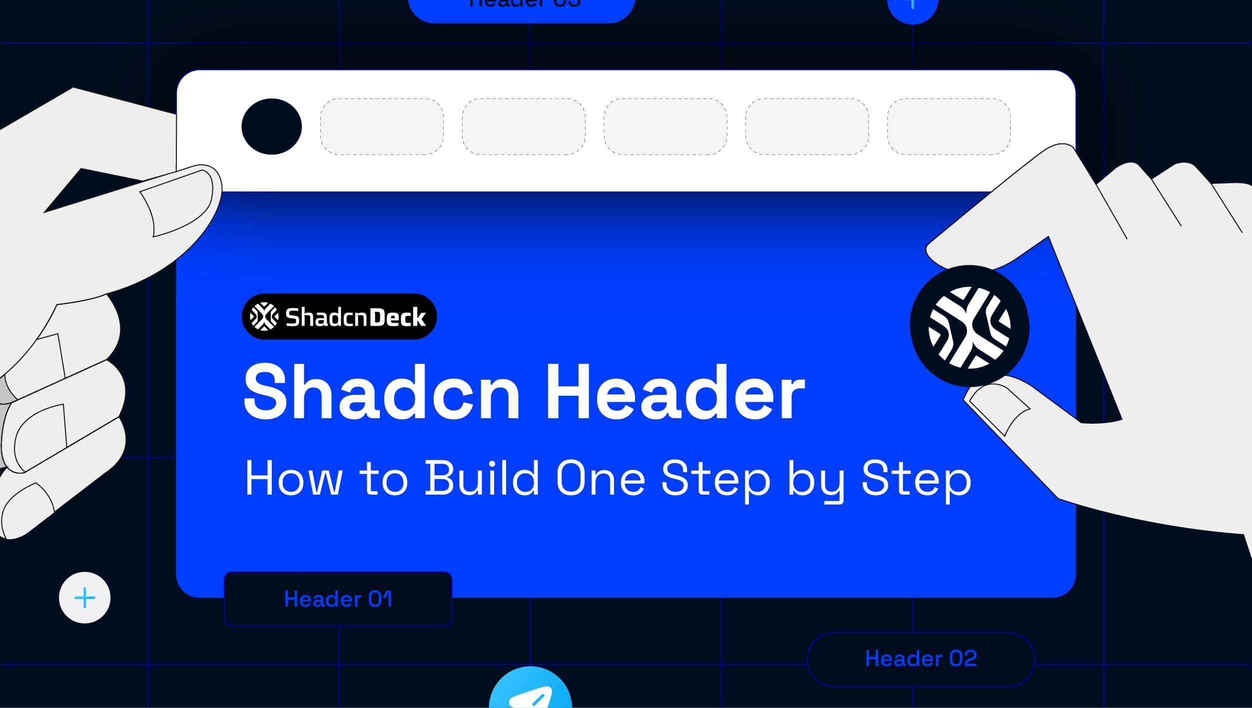 shadcn header component guide cover image showing a NavigationMenu-based header