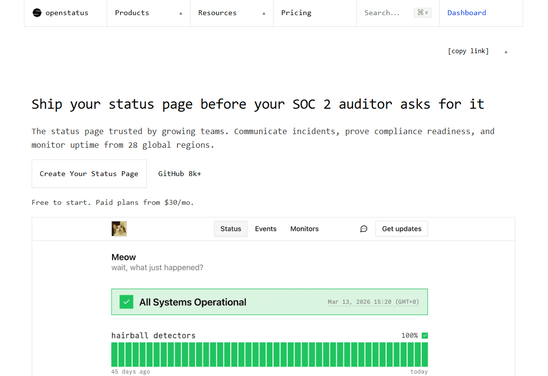 OpenStatus open source monitoring and status page platform with shadcn/ui - screenshot