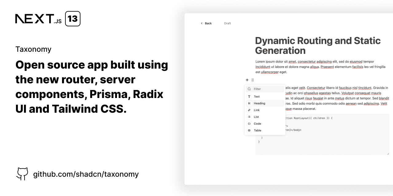 Taxonomy shadcn/ui reference app by the creator of shadcn - screenshot