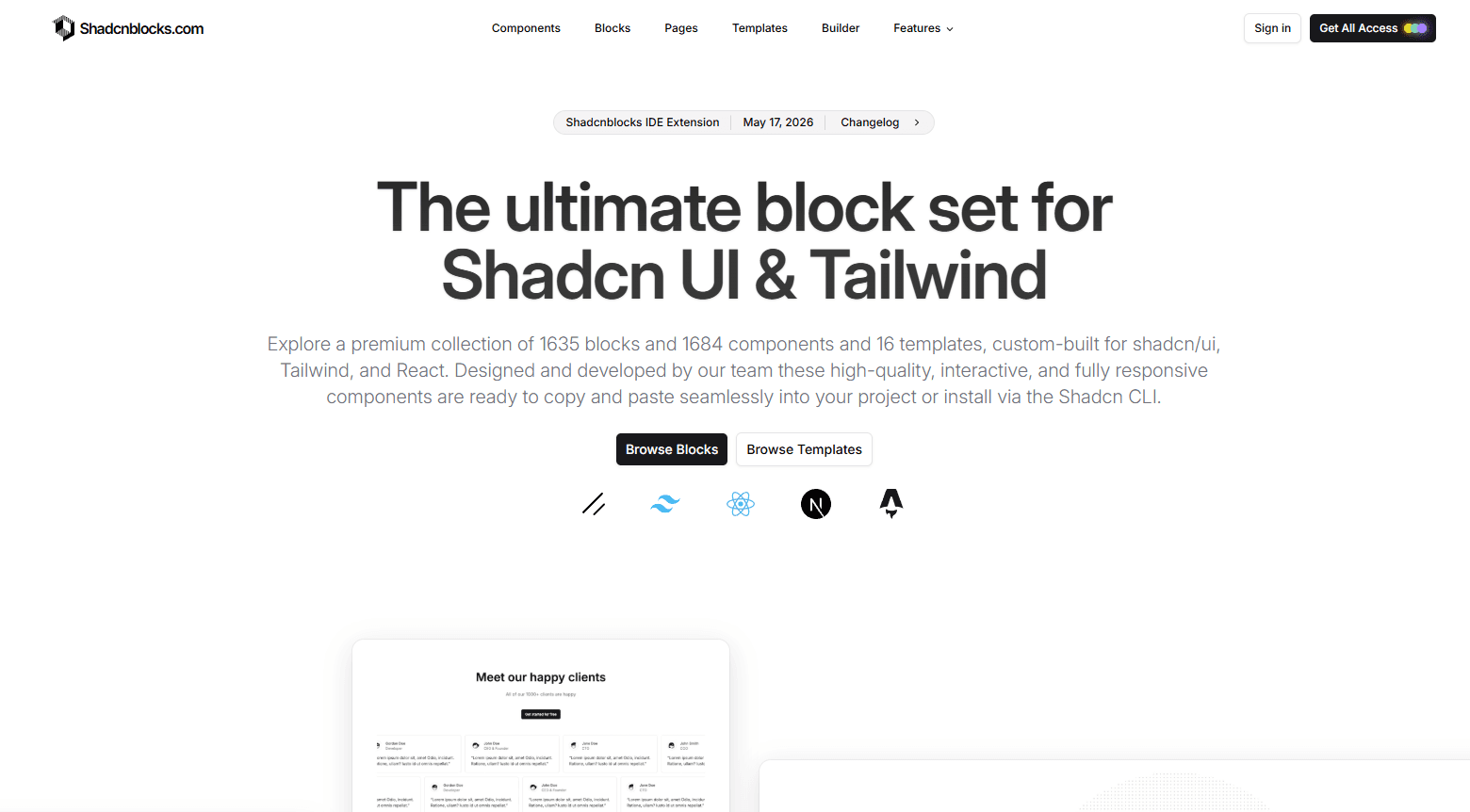 Shadcnblocks 1550+ shadcn/ui block library for marketing pages and dashboards - screenshot