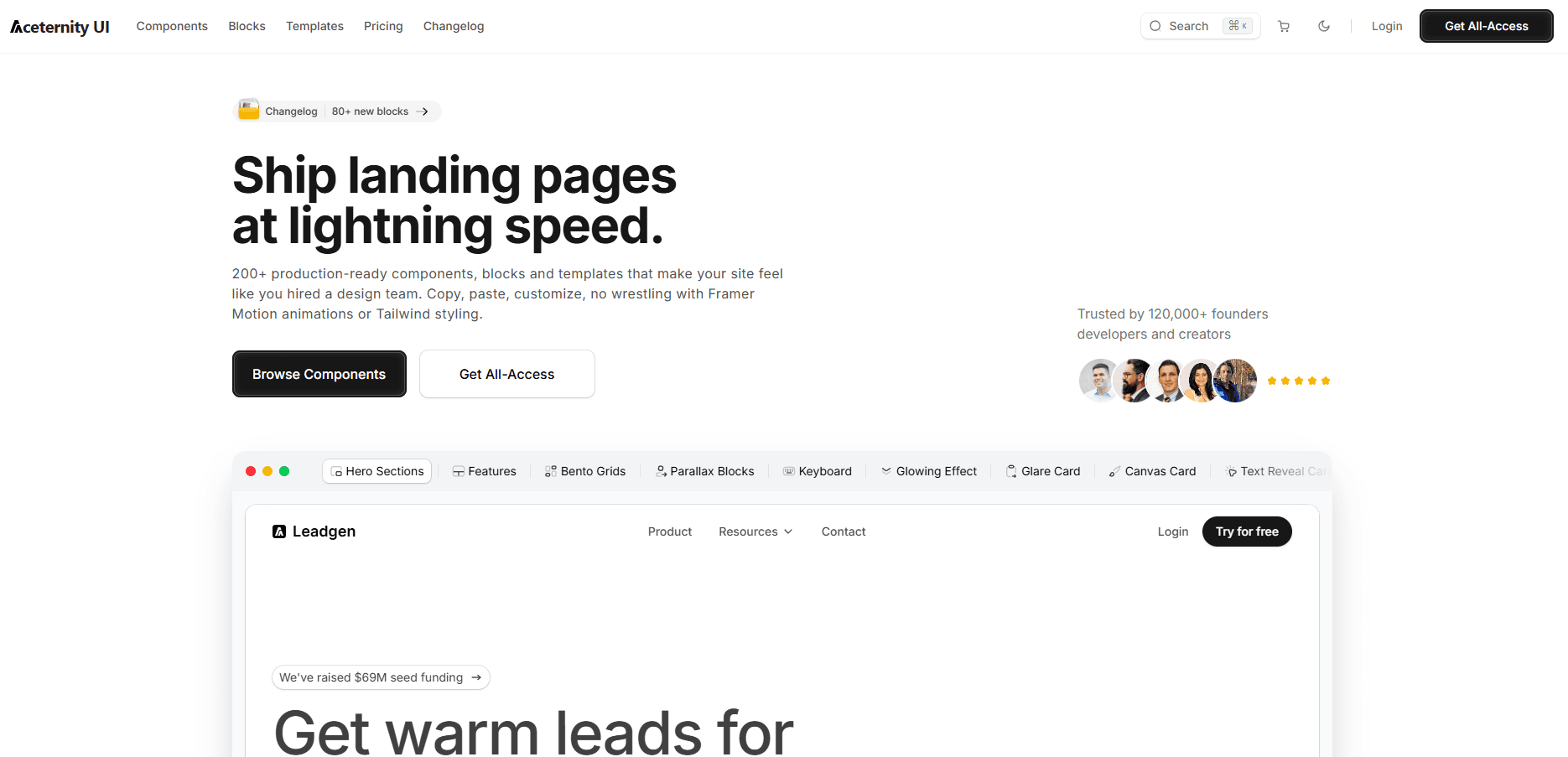 Aceternity UI animated components extending shadcn/ui for landing pages - screenshot