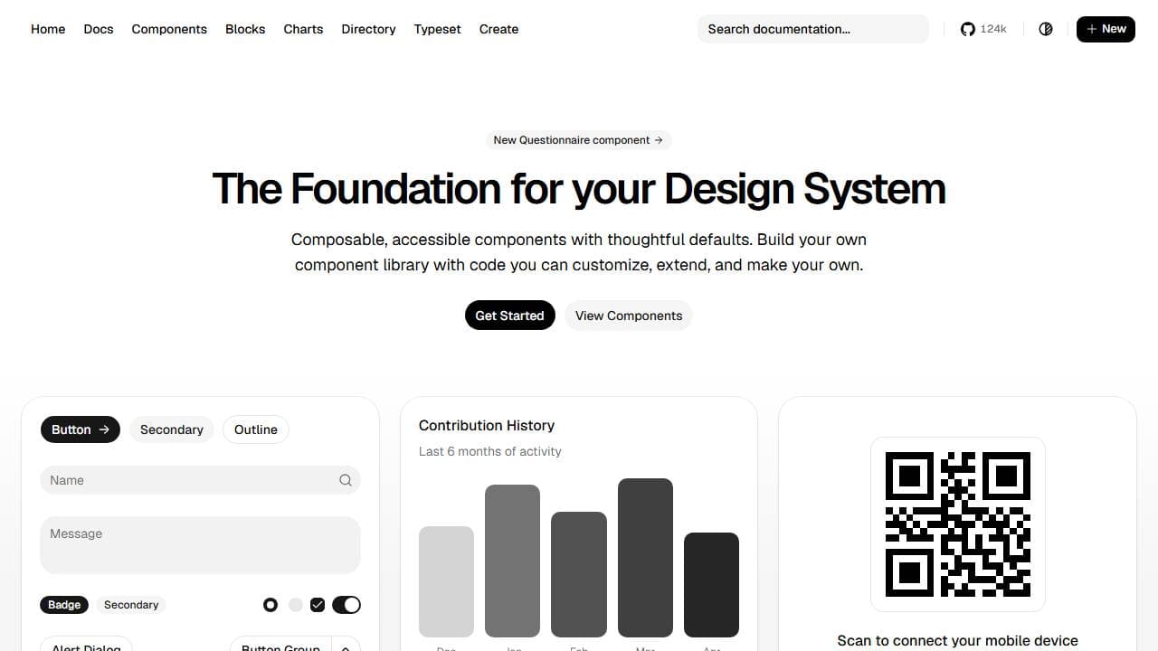 shadcn/ui homepage screenshot showing composable, accessible components