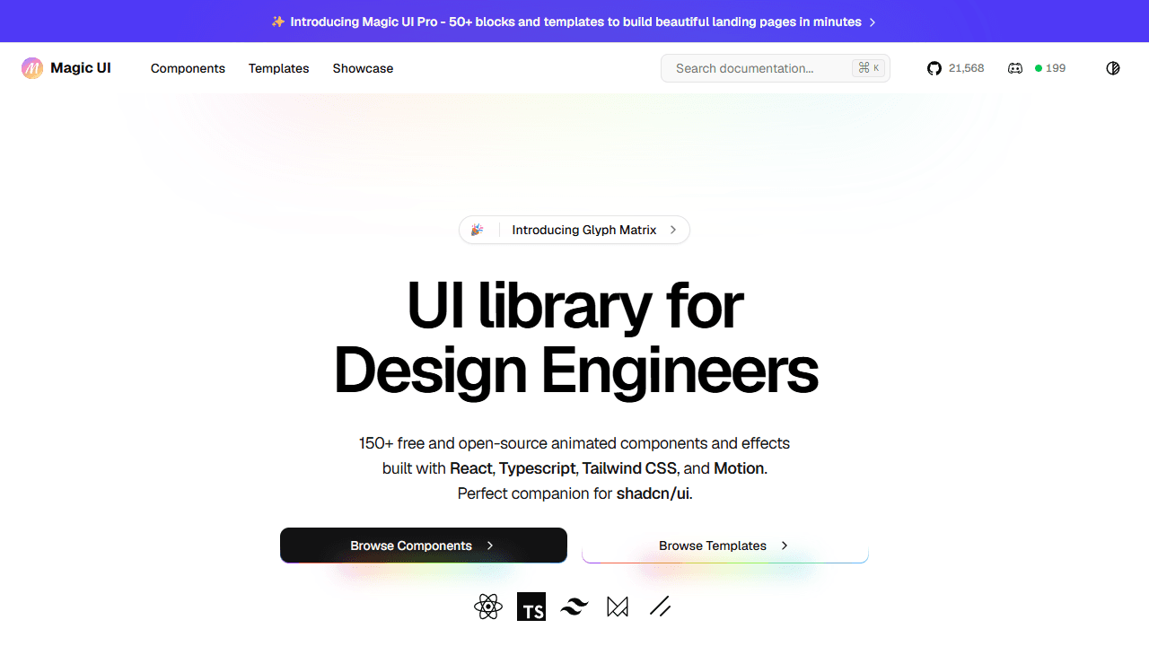 Magic UI animated shadcn component library homepage - screenshot