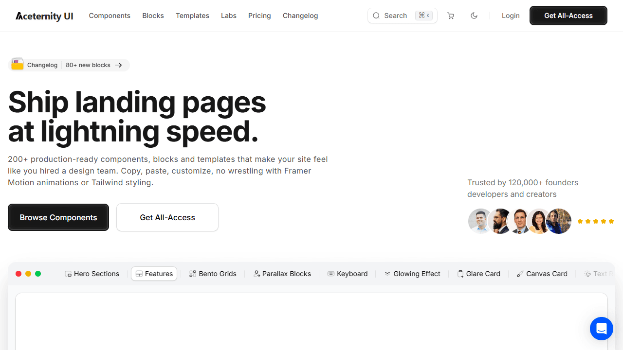 Aceternity UI shadcn component library for animated landing pages - screenshot