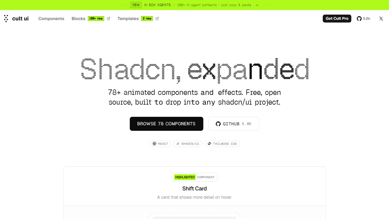 Cult UI shadcn component library for AI and agentic interfaces - screenshot