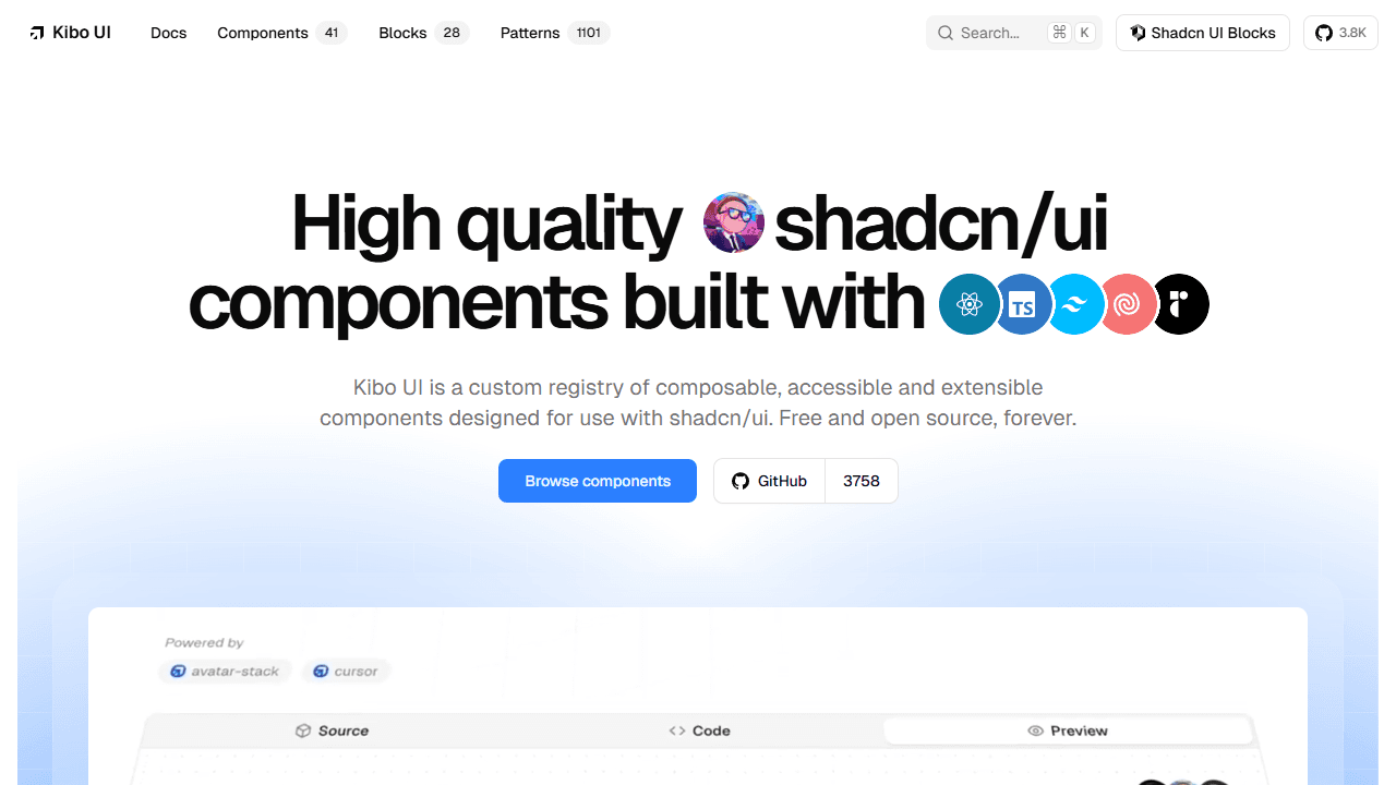 Kibo UI shadcn ui component library with Gantt Kanban and AI chat - screenshot