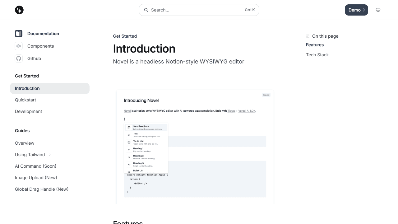 Novel Notion-style WYSIWYG editor styled for shadcn ui - screenshot