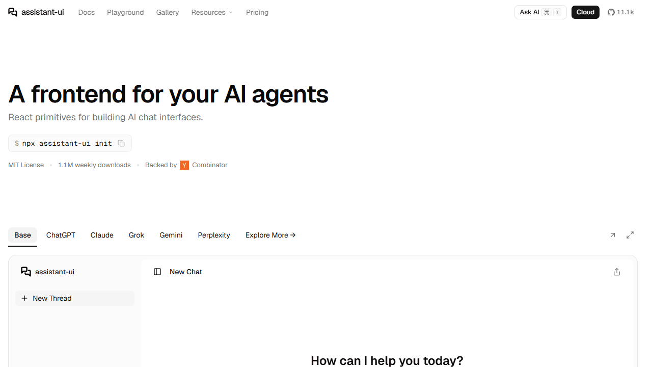 assistant-ui React components for AI chat interfaces, shadcn compatible - screenshot