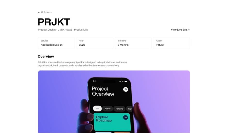 Portfoly shadcn portfolio template for designers and developers - project case study page screenshot
