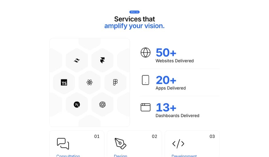 Portfoly shadcn portfolio template for designers and developers - services and stat counters screenshot