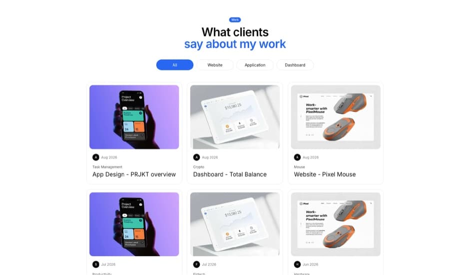 Portfoly shadcn portfolio template for designers and developers - filterable project grid screenshot
