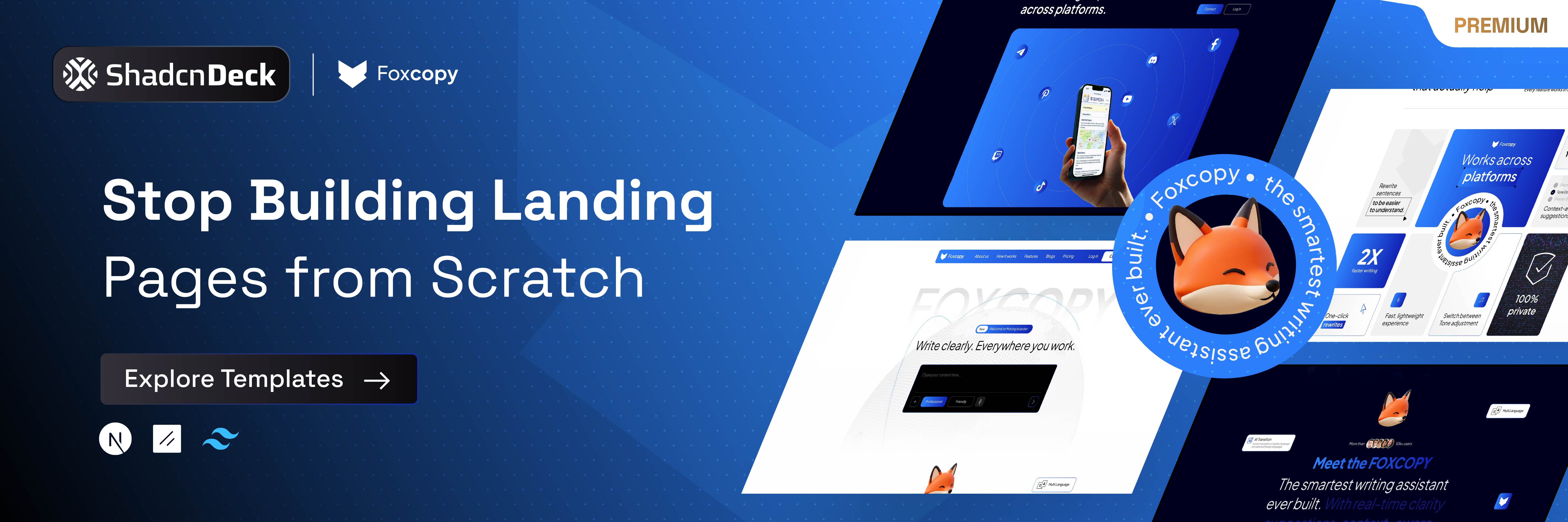 FoxCopy AI SaaS landing page template with a built-in blog, built on shadcn/ui