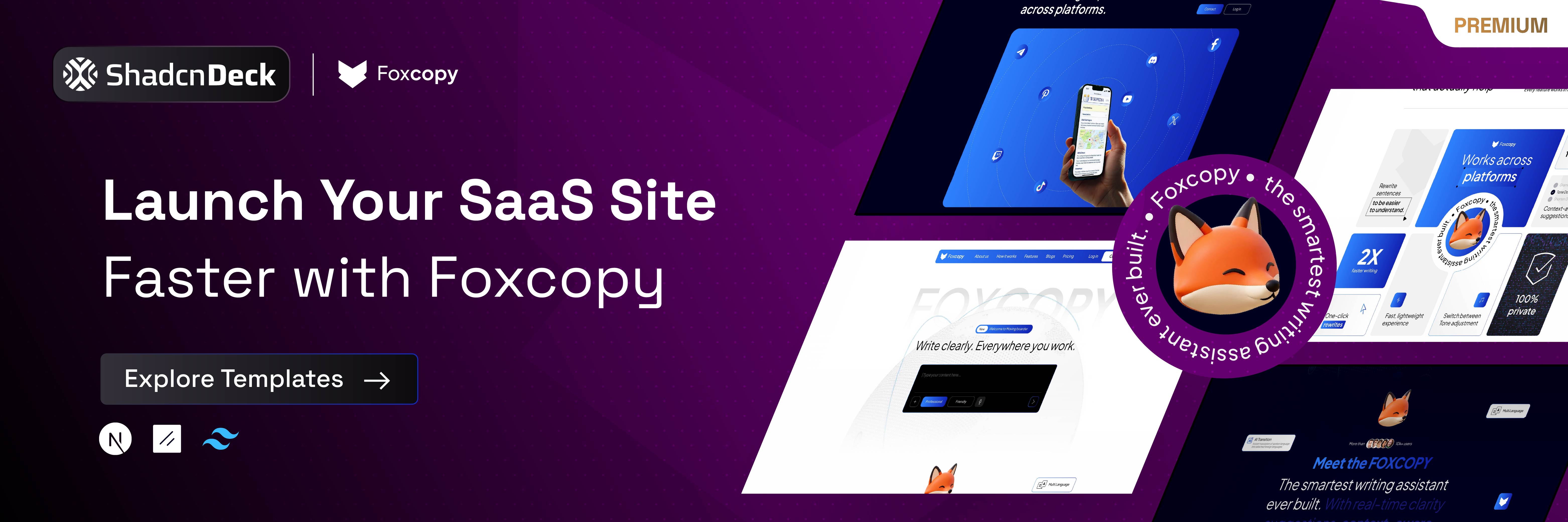 FoxCopy AI SaaS landing page template with a built-in blog, built on shadcn/ui