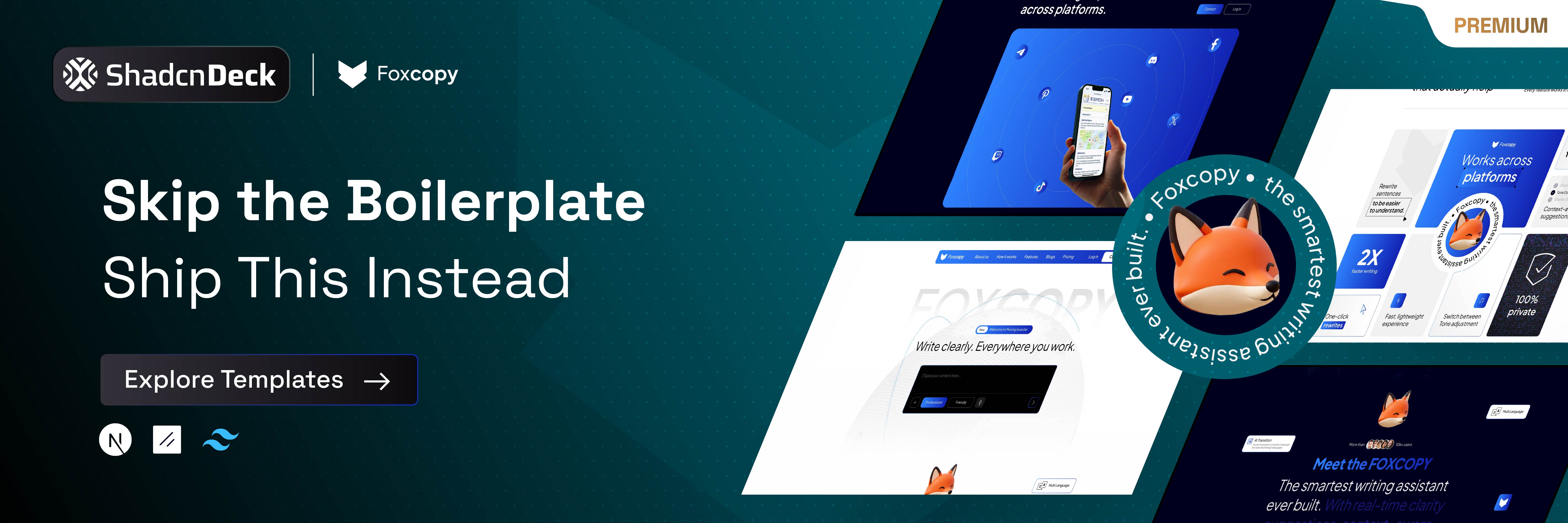FoxCopy AI SaaS landing page template with a built-in blog, built on shadcn/ui