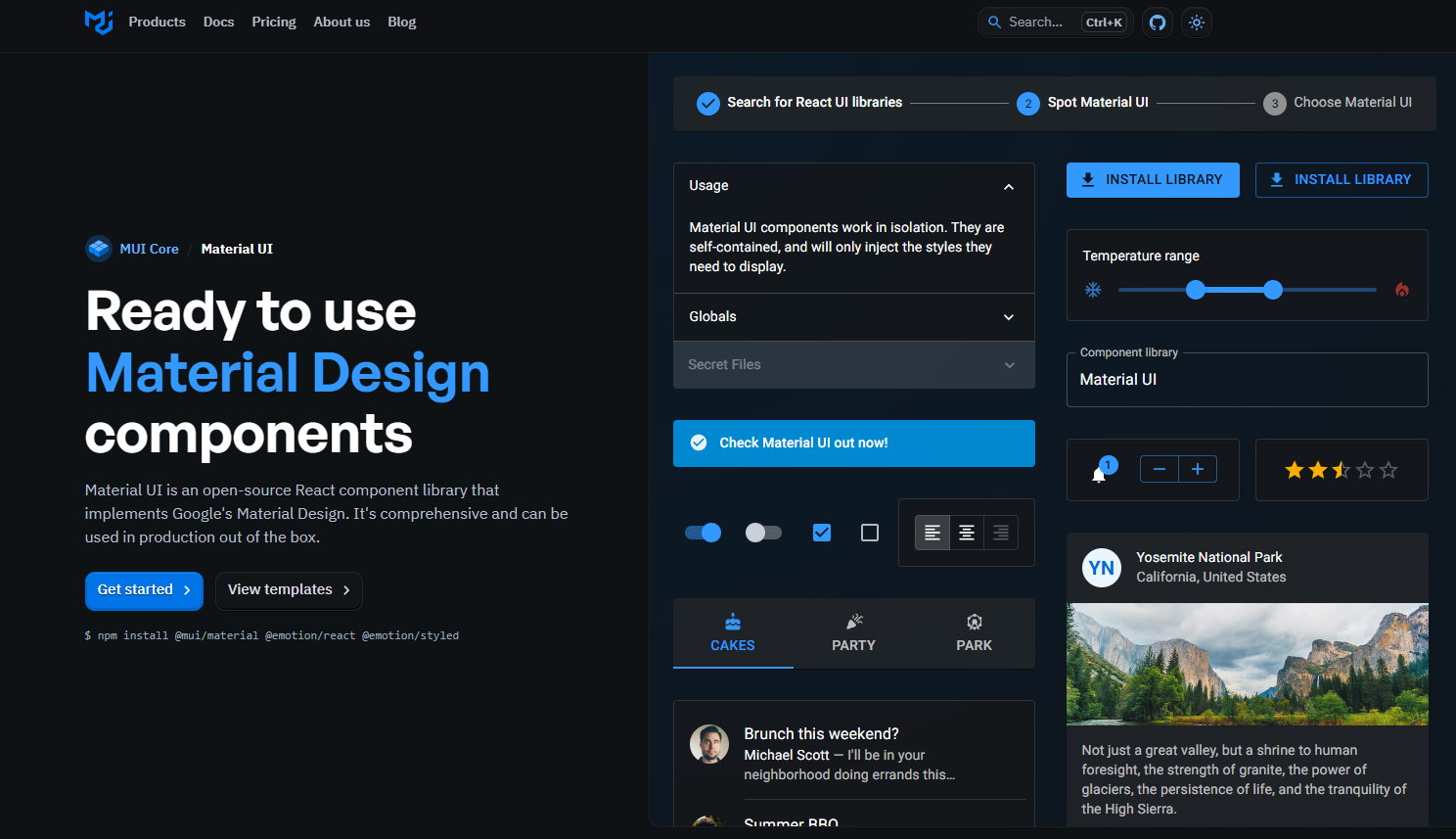Material UI component library with 90+ prebuilt React components using Google Material Design