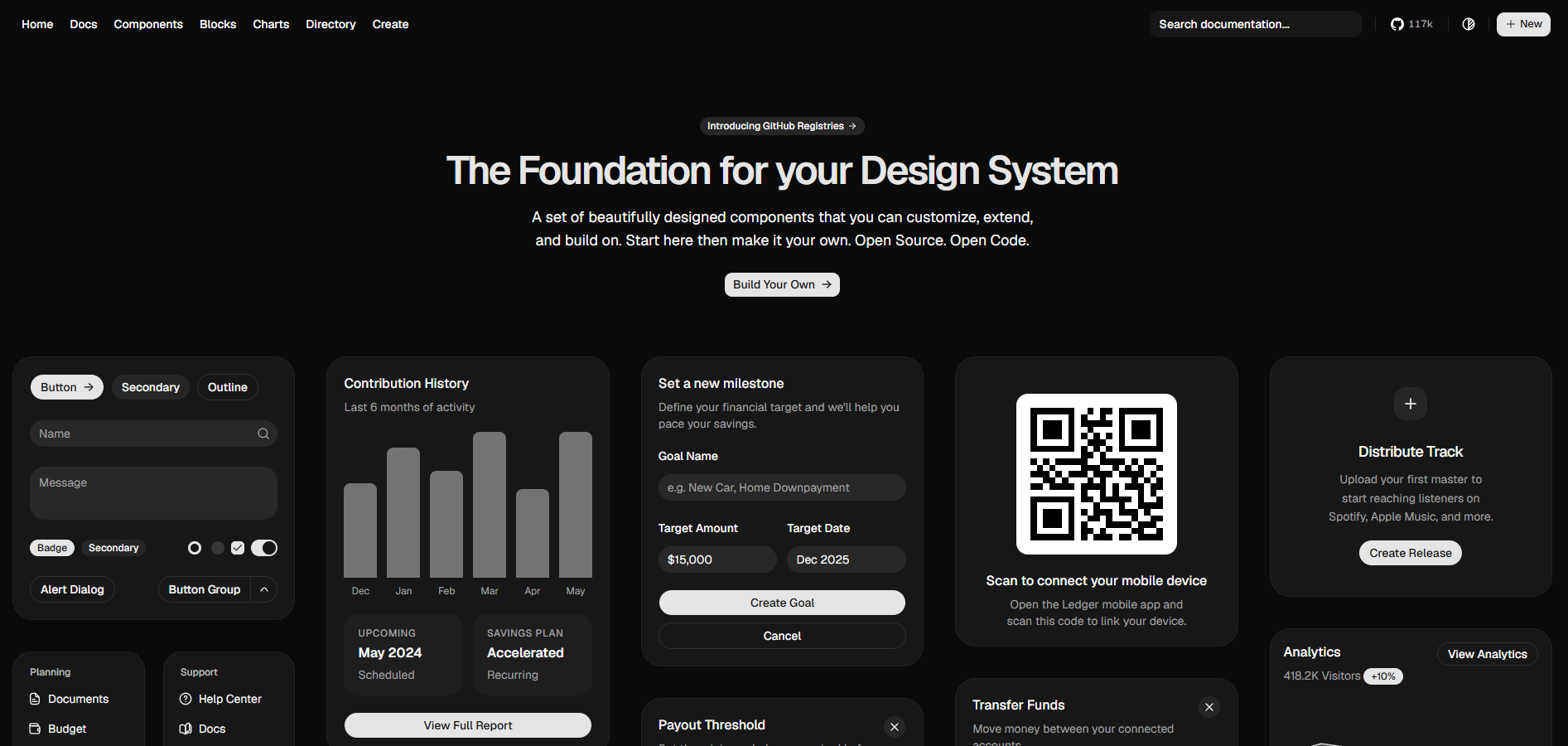 shadcn/ui component registry showing copy-paste components built on Radix UI and Tailwind CSS