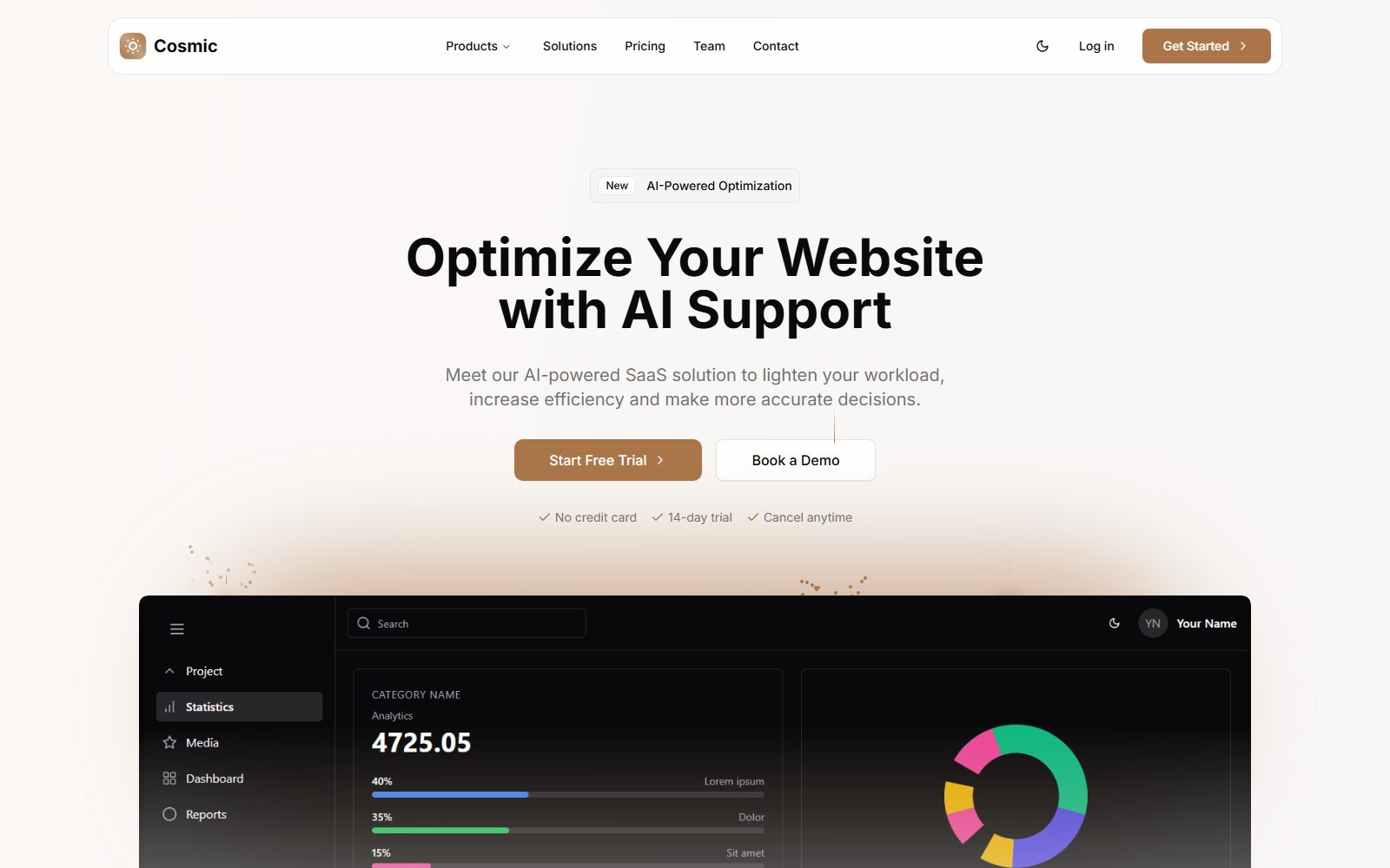 Cosmic Next.js shadcn SaaS landing page template screenshot in light mode