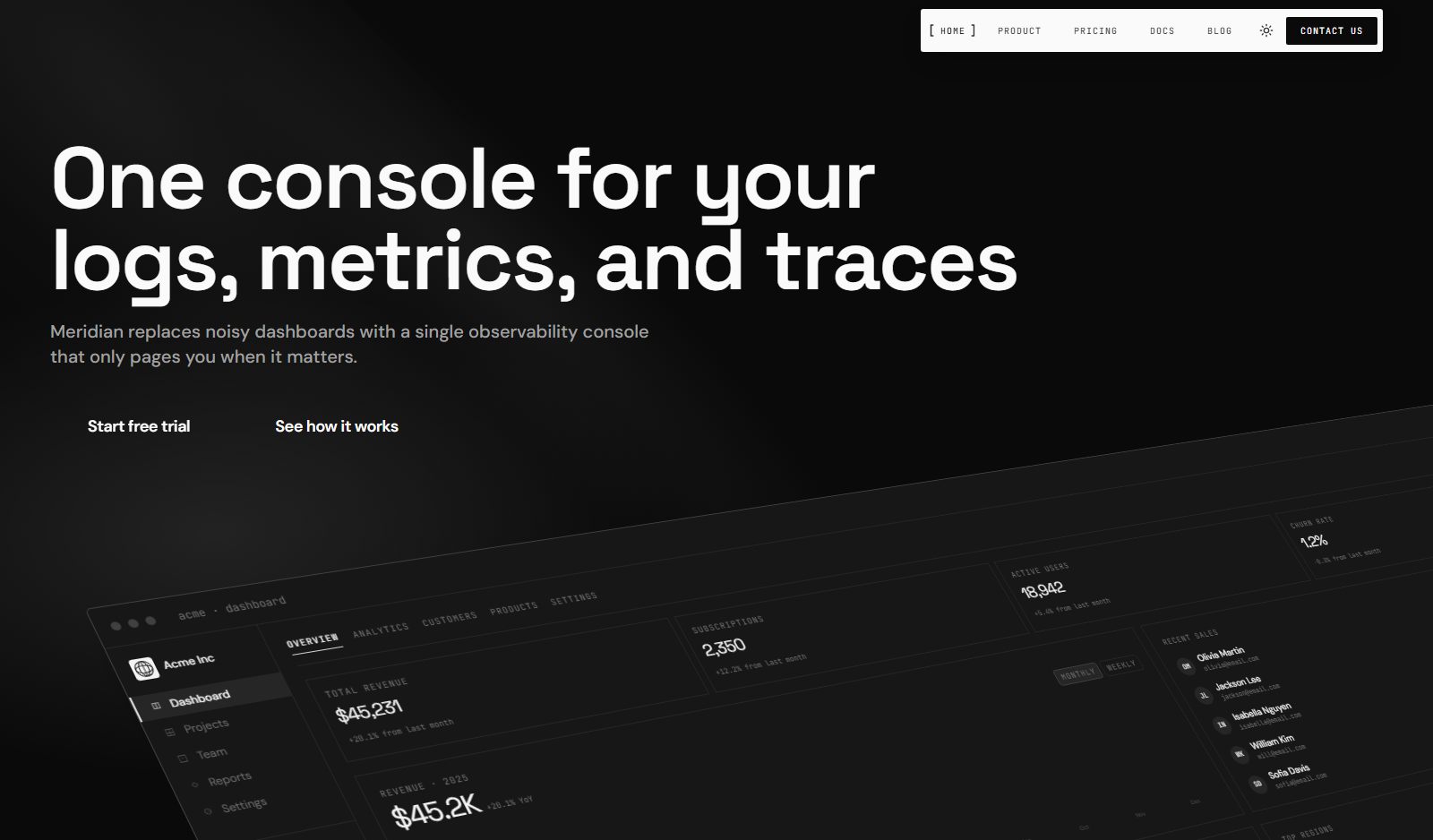 Meridian shadcn SaaS marketing template screenshot with Fumadocs-powered documentation