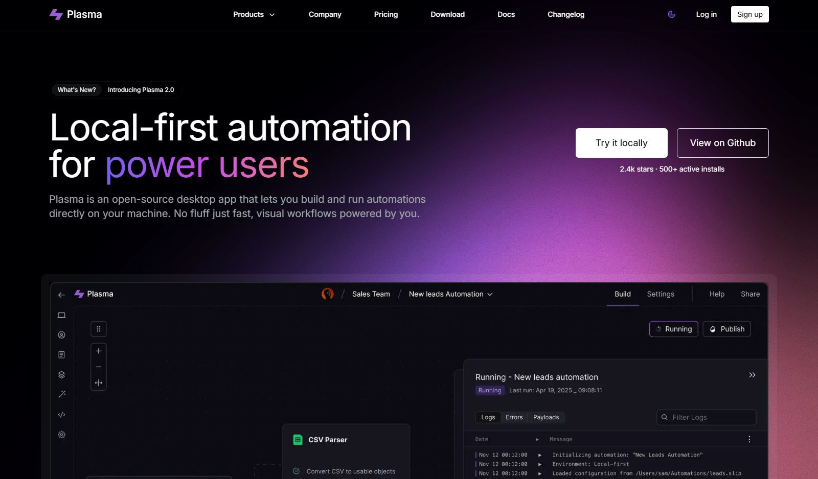 Plasma shadcn developer SaaS app template screenshot with MDX changelog and documentation