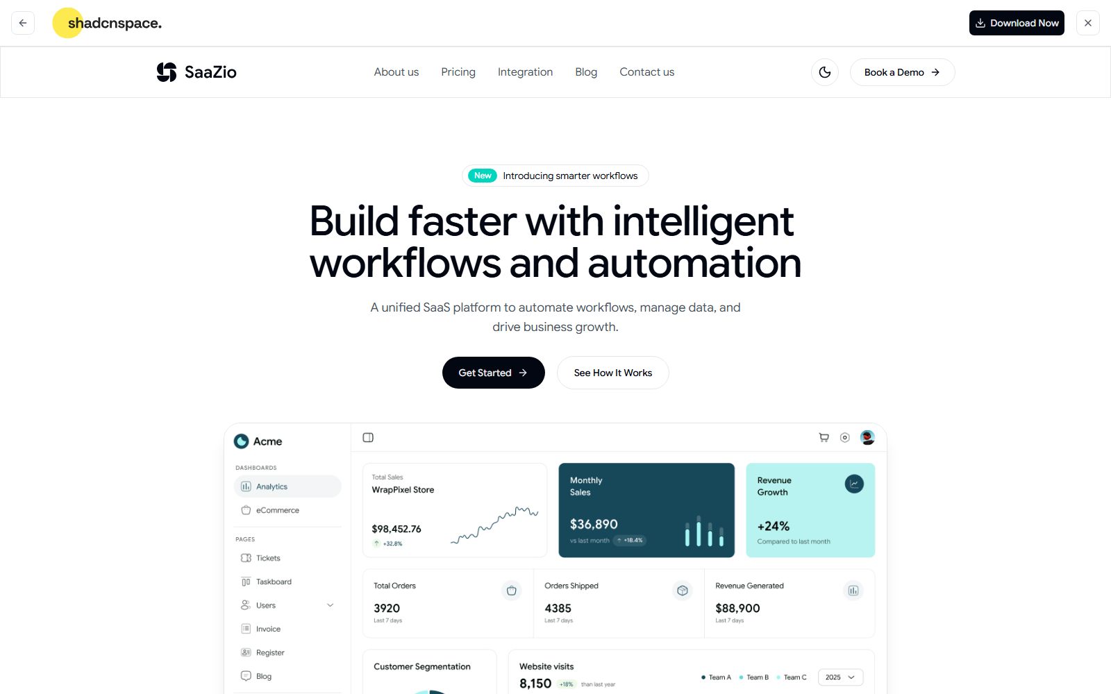 Saazio shadcn SaaS product website template screenshot